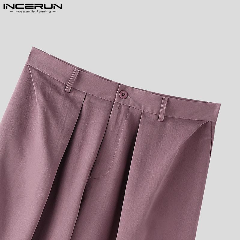 INCERUN Men Zip-up High Waist Pleating Casual Long Wide Legs Pants Trousers