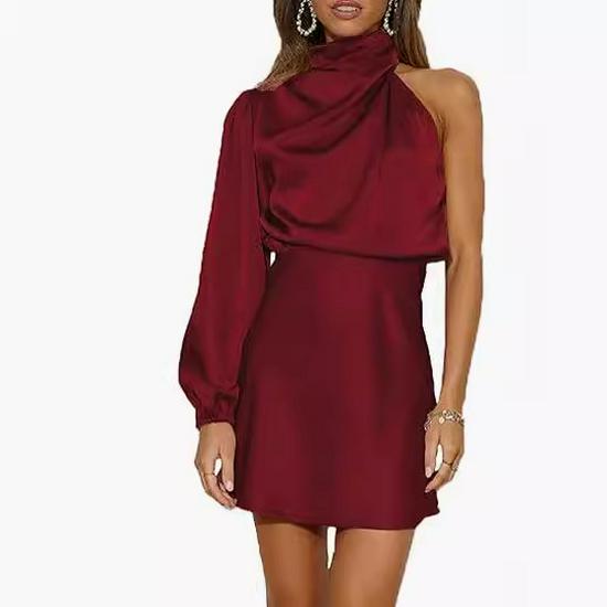 2024 Spring Women's Satin One-Shoulder Mini Dress with Long Sleeves