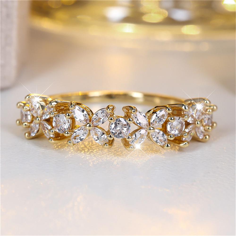 Cute Female White Crystal Stone Flower Ring Gold Color Wedding Jewelry Promise Engagement Rings For Women
