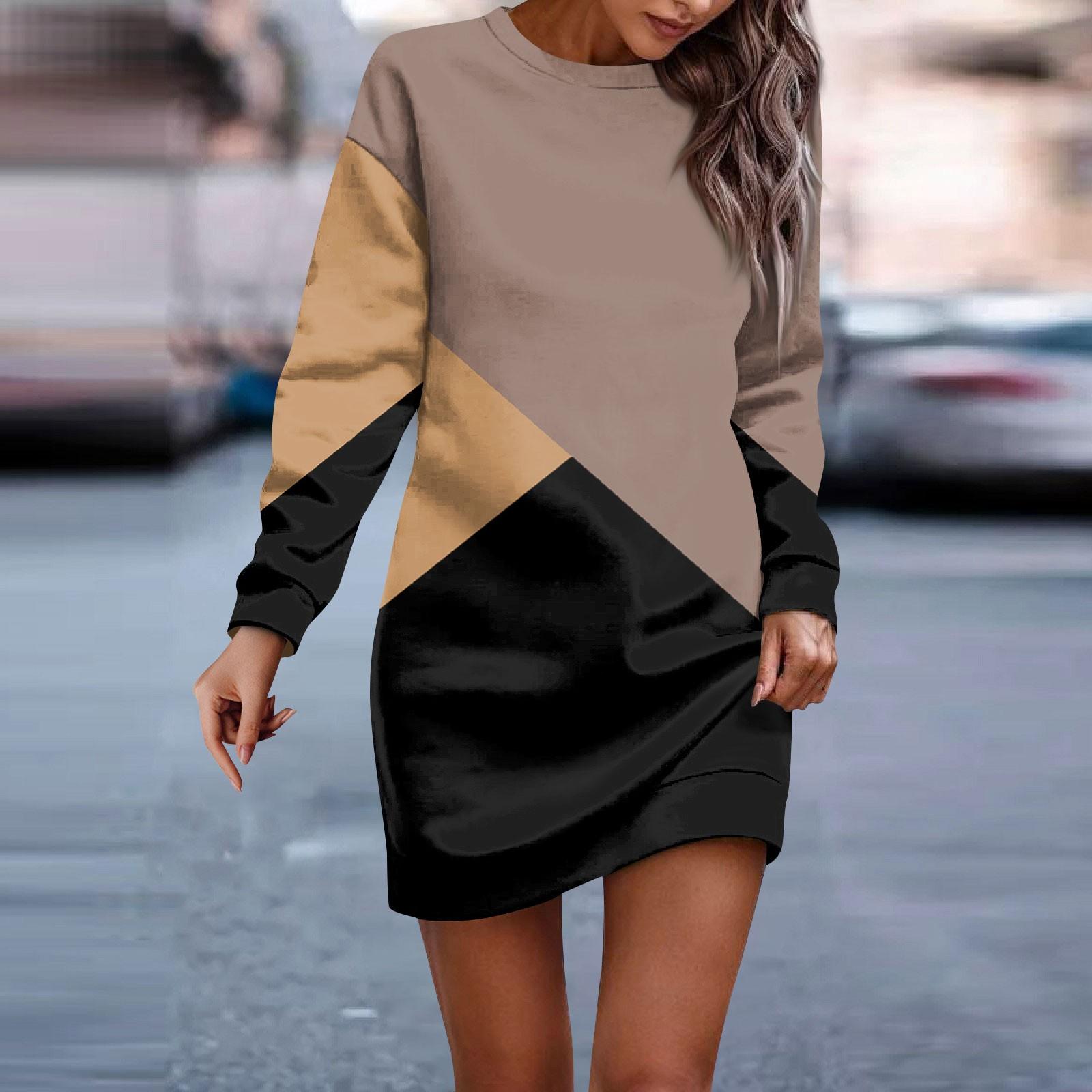 

Женское платье с круглым вырезом и геометрическим узором в стиле пэчворк с длинными рукавами и бедрами, платья-толстовки S хаки