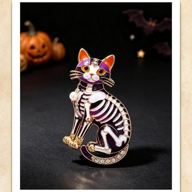 Baroque Halloween Skeleton Cat Dripping Oil Brooch Animal Themed Brooches Pins For Men Women Festive Party Accessories Gift