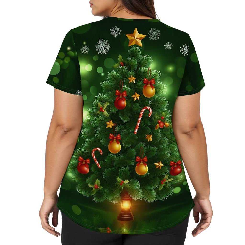 Women's Christmas Print V-Neck Short-Sleeve Work Top with Pockets and Side Slits