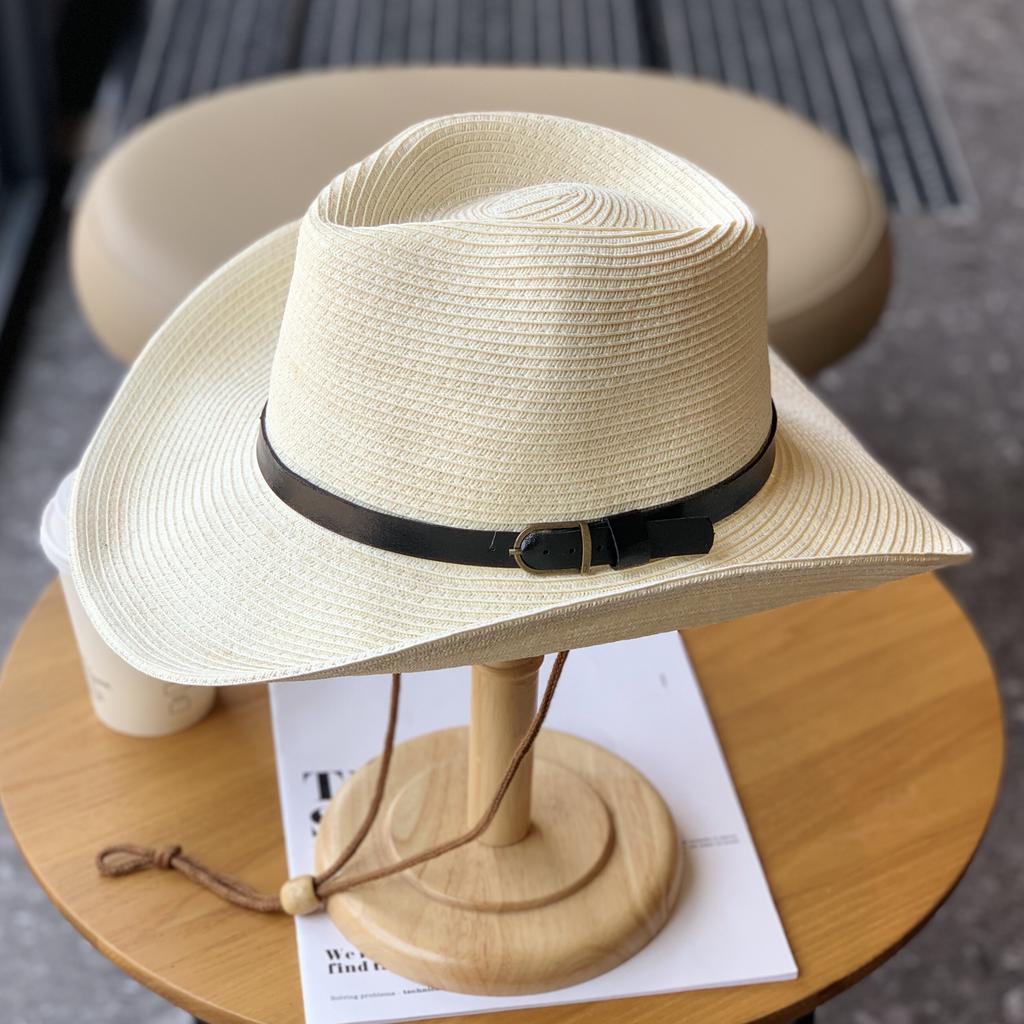 Cappello di Paglia Estivo Western Cowboy 62cm Oversize Testa Grande Tesa Arrotolata per Uomini Donne Protezione Solare Cappello Protezione UV
