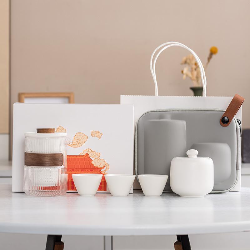 Yuanshan suet jade porcelain travel tea set outdoor set high-end celebration commemorative business souvenir gift box gift bag