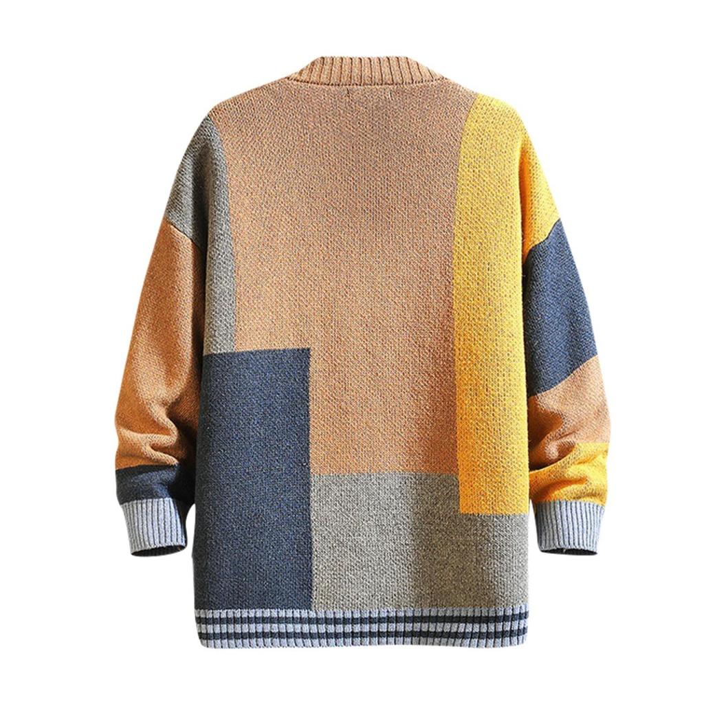 Neuer Herren Kontrastfarben Pullover Cardigan Splicing V-Ausschnitt Pullover Große Jacke