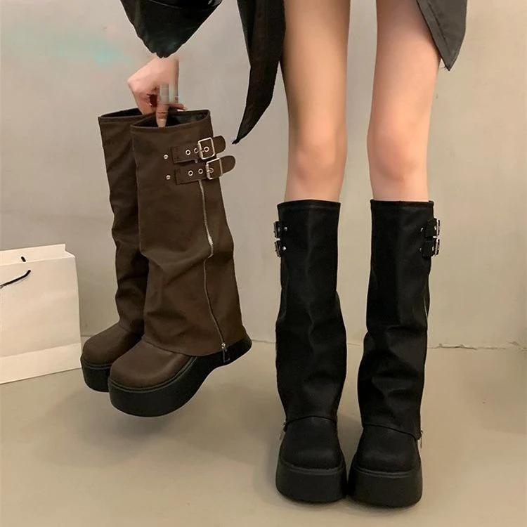 Punk Style Women Knee High Boots Designer Belt Buckle Platform Heel Shoes Autumn Winter Long Booties  New