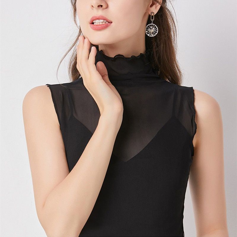 Summer Lace Blouse with High Neckline and Mesh Sleeveless Inner Lining Sexy Women's Top