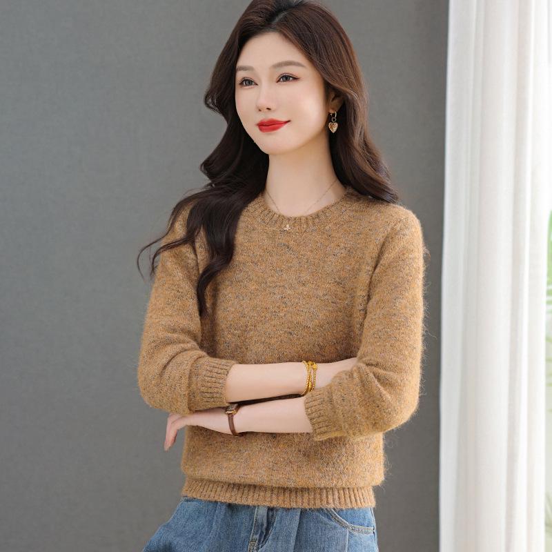 Women's Solid Color Wool Sweater - Autumn/Winter 2025, Round Neck Knitted Top