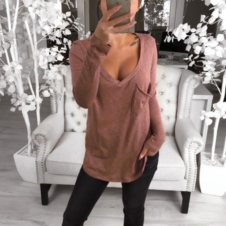 QICED Women's Fashion Casual Solid Color Print Long Sleeve V-Neck Blouses & Shirts