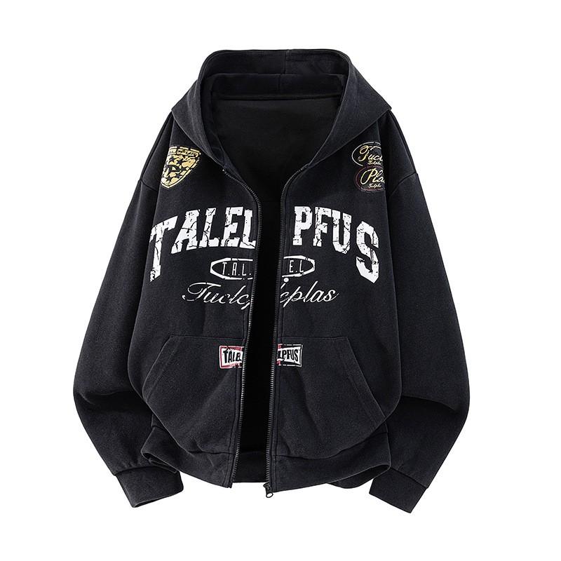 Oversized Vintage American Racing Style Washed Hooded Zip-Up Sweatshirt Men Women Casual Loose Fit