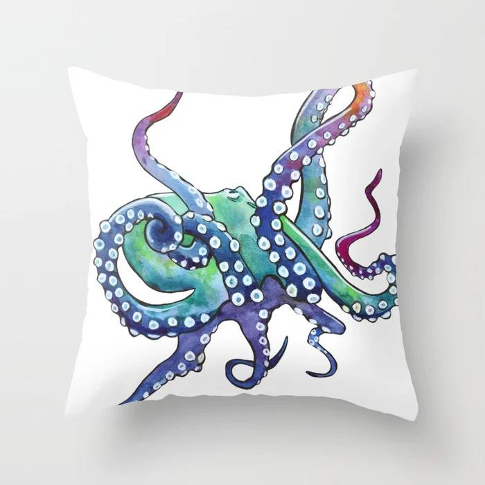 Watercolor Ocean Theme Pillowcase Starfish Octopus Mermaid Crab Cushion Cover Home Sofa Bedroom Decoration  Ornament