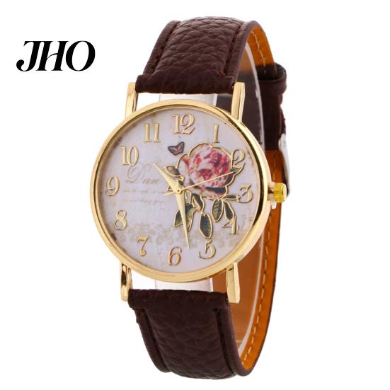 Women Arabic Number Rose Flower Round Dial Faux Leather Band Quartz Wrist Watch