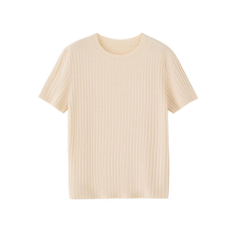 Tencel Acetate Waffle Knitted Short Sleeve Women's Crew Neck Loose Pullover Simple Top