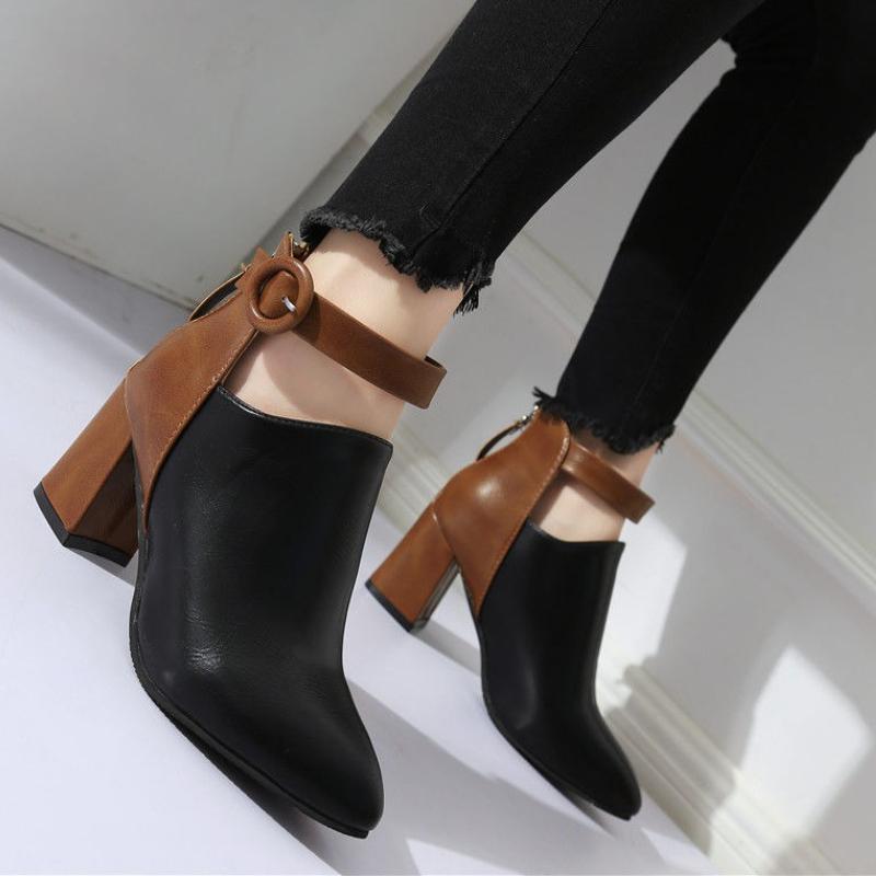 Pointed Toe Heeled Ankle Boots for Women Spring Autumn Color Blocking Woman Short Shoes On Promotion Large Size Warm Pu Booties