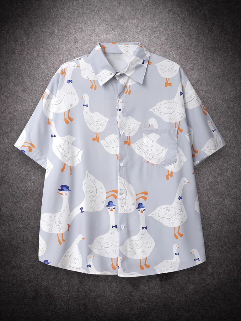 Oversized Loose Cartoon Goose Prinr Hawaii Short Men Shirt Casual Man American Printing Summer Versatile Couple Streetwear