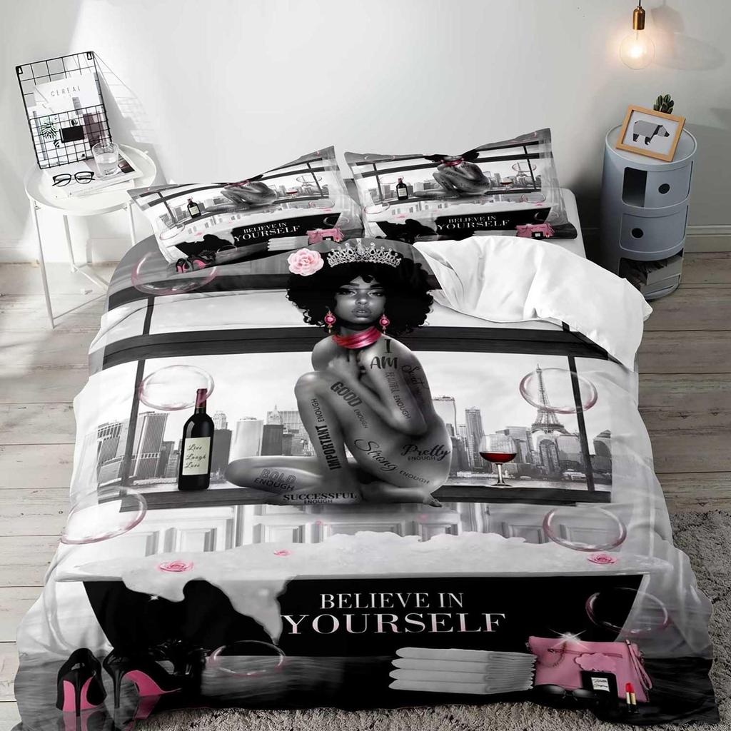 African Girl Duvet Cover Eiffel Tower Three-Piece Soft Bedding Set With Pillowcase