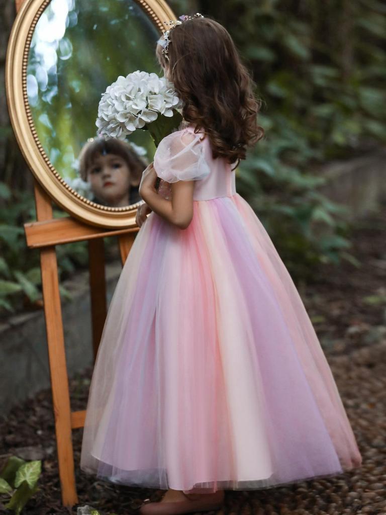 Dziecięca Sukienka Formalna z Cekinami i Bufiastymi Rękawami z Tęczową Tiulową Spódnicą - Idealna na Urodziny lub Występy