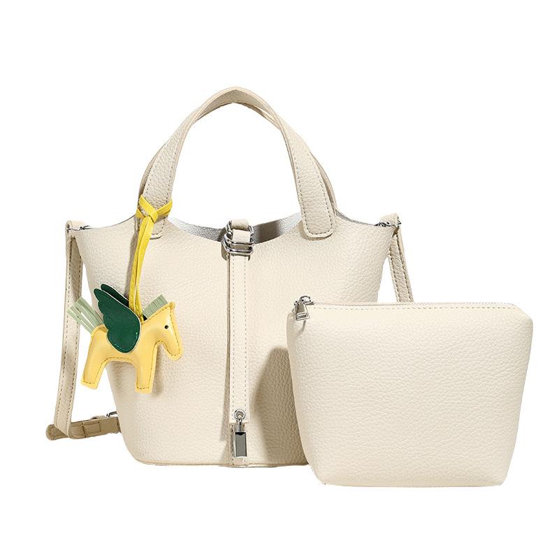 

Solid Color Luxury PU Leather Bucket Bag Small Tote with Detachable Inner Pouch Women s Shoulder Crossbody Handbag Minimalist бежевый