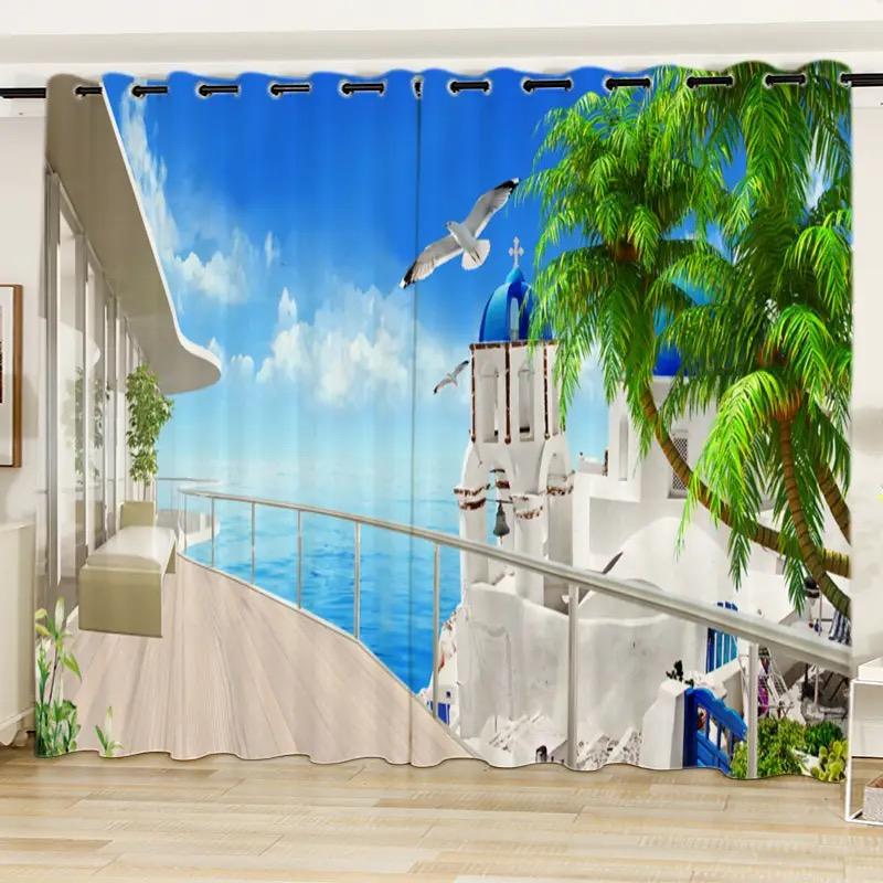 2Panel Blue Sea Curtain Sea Window View Printed Curtain for Bedroom Living Room Floor-to-ceiling Window Kitchen Small Size Drape