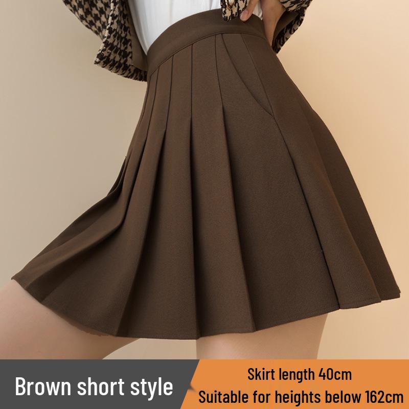 Khaki Vlněná A-line Skládaná Sukně s Vysokým Pasem pro Podzim Zimu - Dámská Krátká Sukně