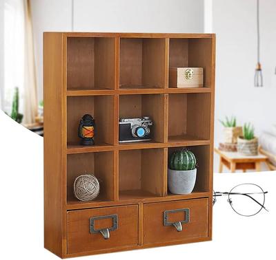 9 Compartment Wooden Storage Cabinet, Vintage Wooden Display Organizer with Two Drawer, Wall Mount or Freestanding