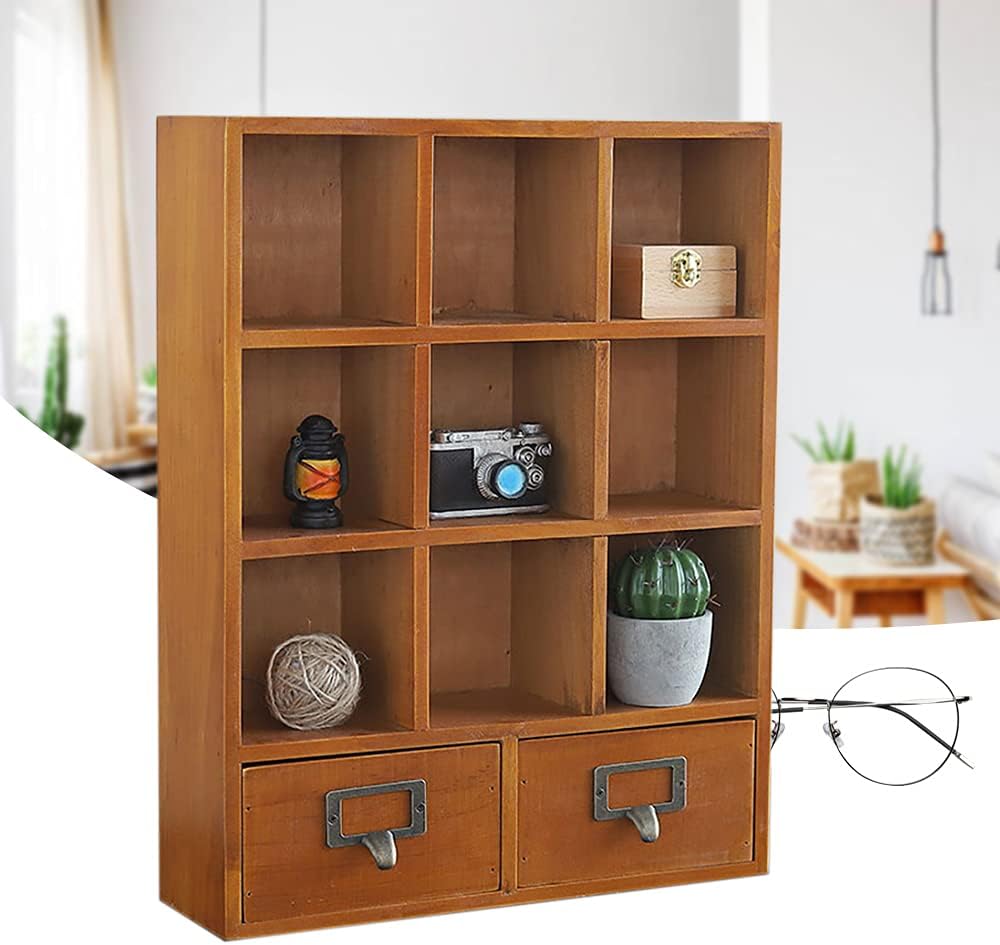 9 Compartment Wooden Storage Cabinet, Vintage Wooden Display Organizer with Two Drawer, Wall Mount or Freestanding