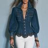 Vintage Boho Denim Lace Trim Puff Sleeve Button Up Shirt Women