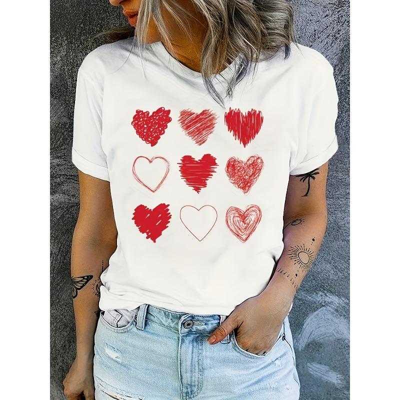 

European Size Valentine S Day Heart Print Round Neck Women S Casual Short Sleeve T-Shirt 4XL