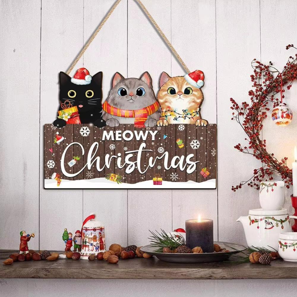 2D Flat Christmas 3 Kitten Hanging Board Wooden Cat Hanging Ornament Living Room