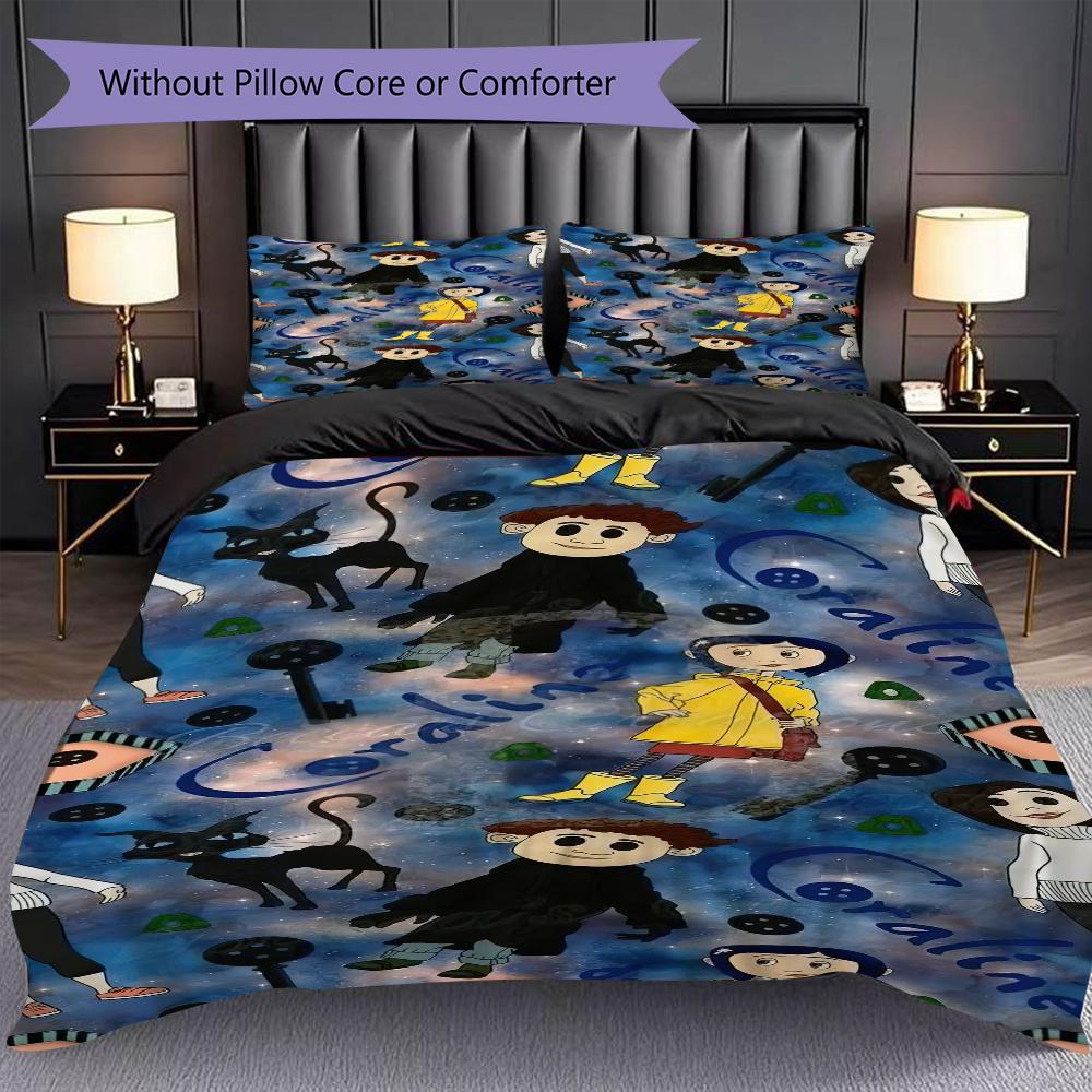 1PC Coraline Pattern Bedding Quilt Set Quilt Cover Pillowcase Home Decoration Birthday Gift (1 * Duvet Cover + 2 * Pillowcase, Without Core)