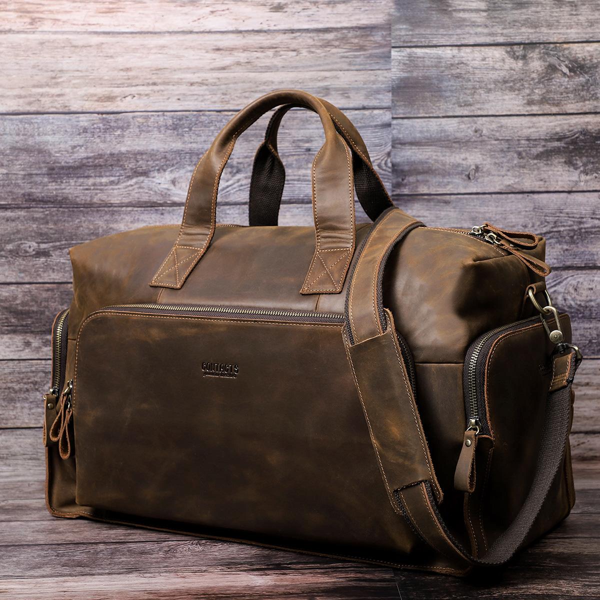 

CONTACT S Винтажная сумка для багажа Crazy Horse кожаные сумки через плечо для мужчин дорожная сумка-тоут для ноутбука 14 дюймов большой вместимости кофейный