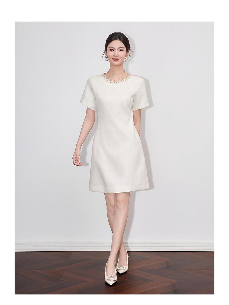 Diamond-Embellished Waist-Defining Linen Blend Dress - French Chic Women's Summer Style