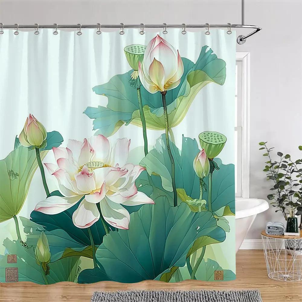 Lotus Flowers Shower Curtain Green Leaves Plant White Floral Chinese Style Home Wall Hanging Bathroom Curtains Decor with Hooks