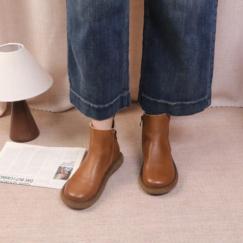 Johnature Genuine Leather Women's Short Boots Retro Side Zipper Round Toe Flat Chelsea Boots