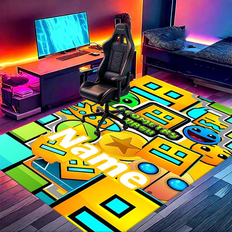 Custom Name Personalized Geometry Dash Print Carpet, Versatile Home Decor Rug, for Playroom, Apartment, Balcony, Entryway, Hallway Gift
