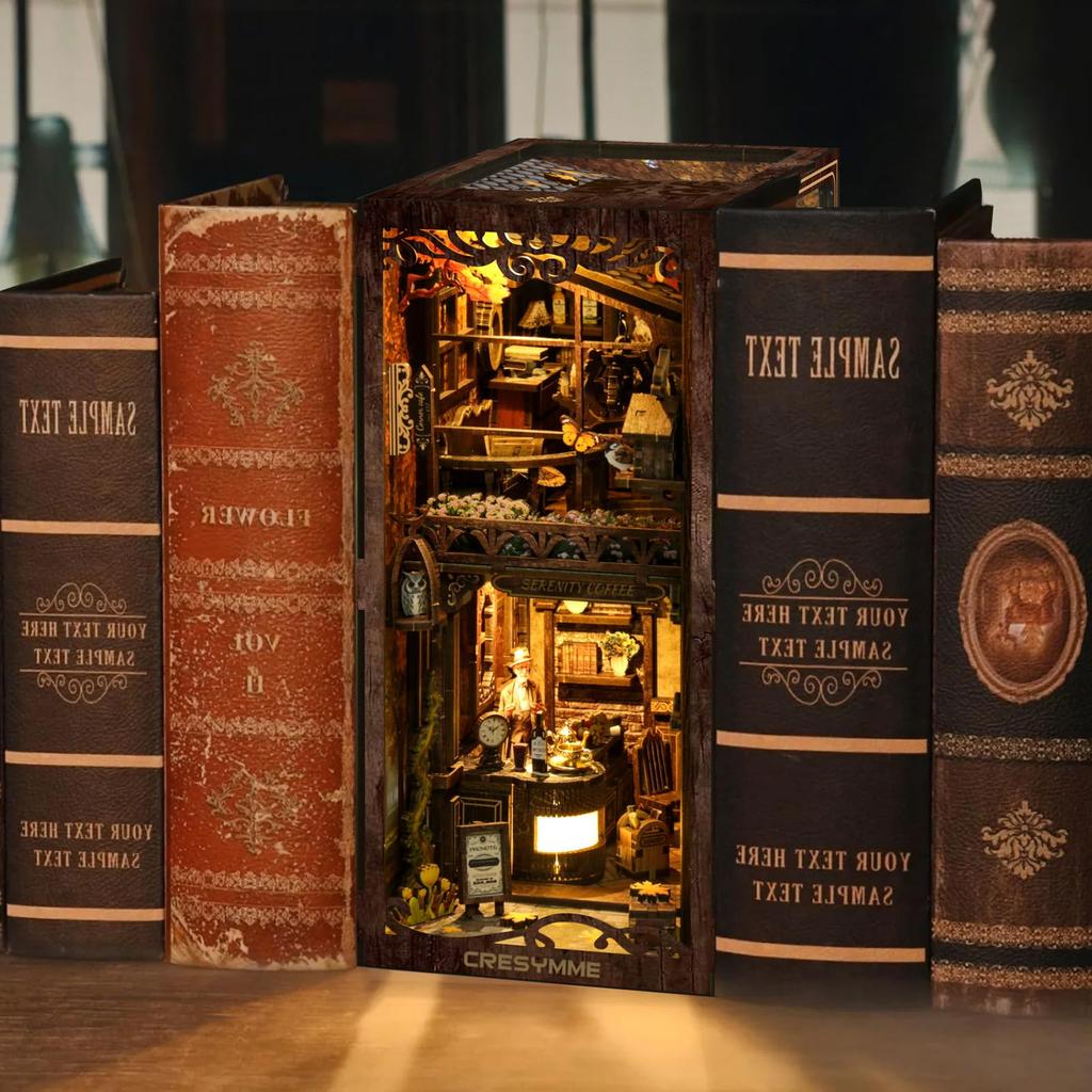 CRESYMME Miniature House Dollhouse Book Nook Kit, Wooden DIY 3D Hobby Handmade (Silent Cafe)
