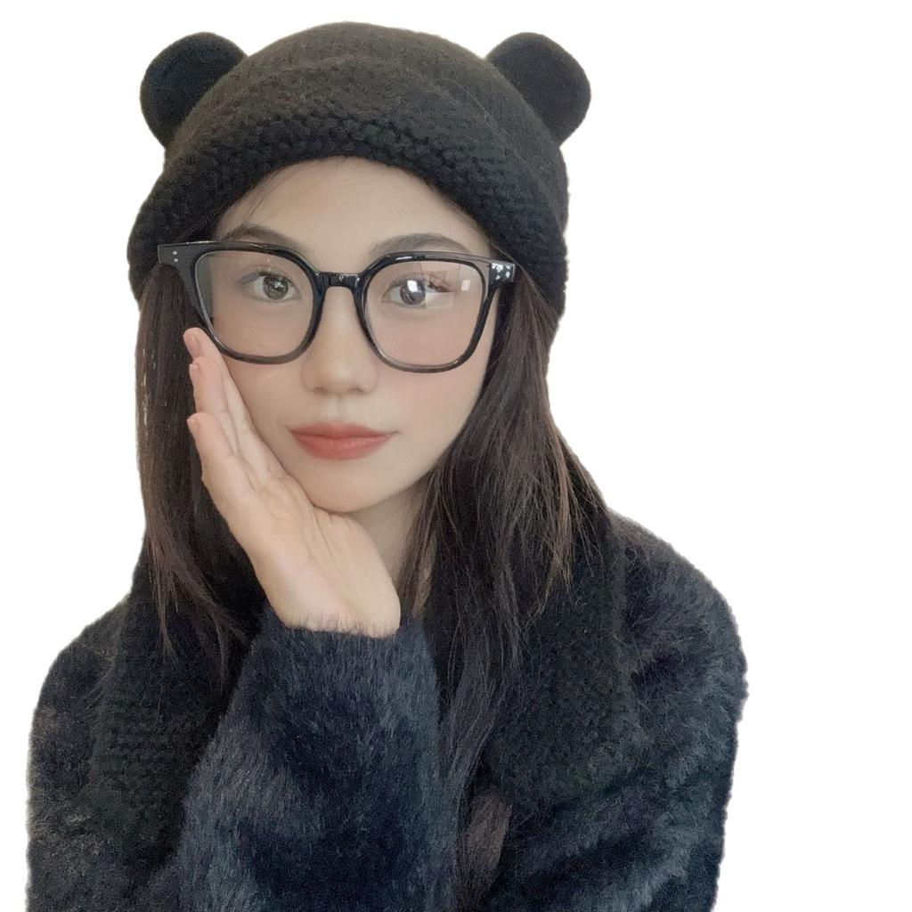 2026 autumn and winter new wool hat female cute bear ear protection cycling warm knitted scarf scarf integrated