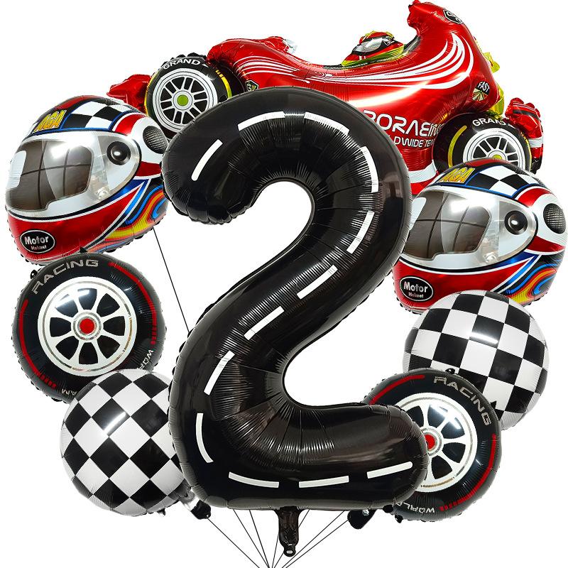8 Pcs Racing Party Decoration 40inch Black Number Balloon Plaid Balloon Tire Balloon Striped Racing Tire Grid Digital
