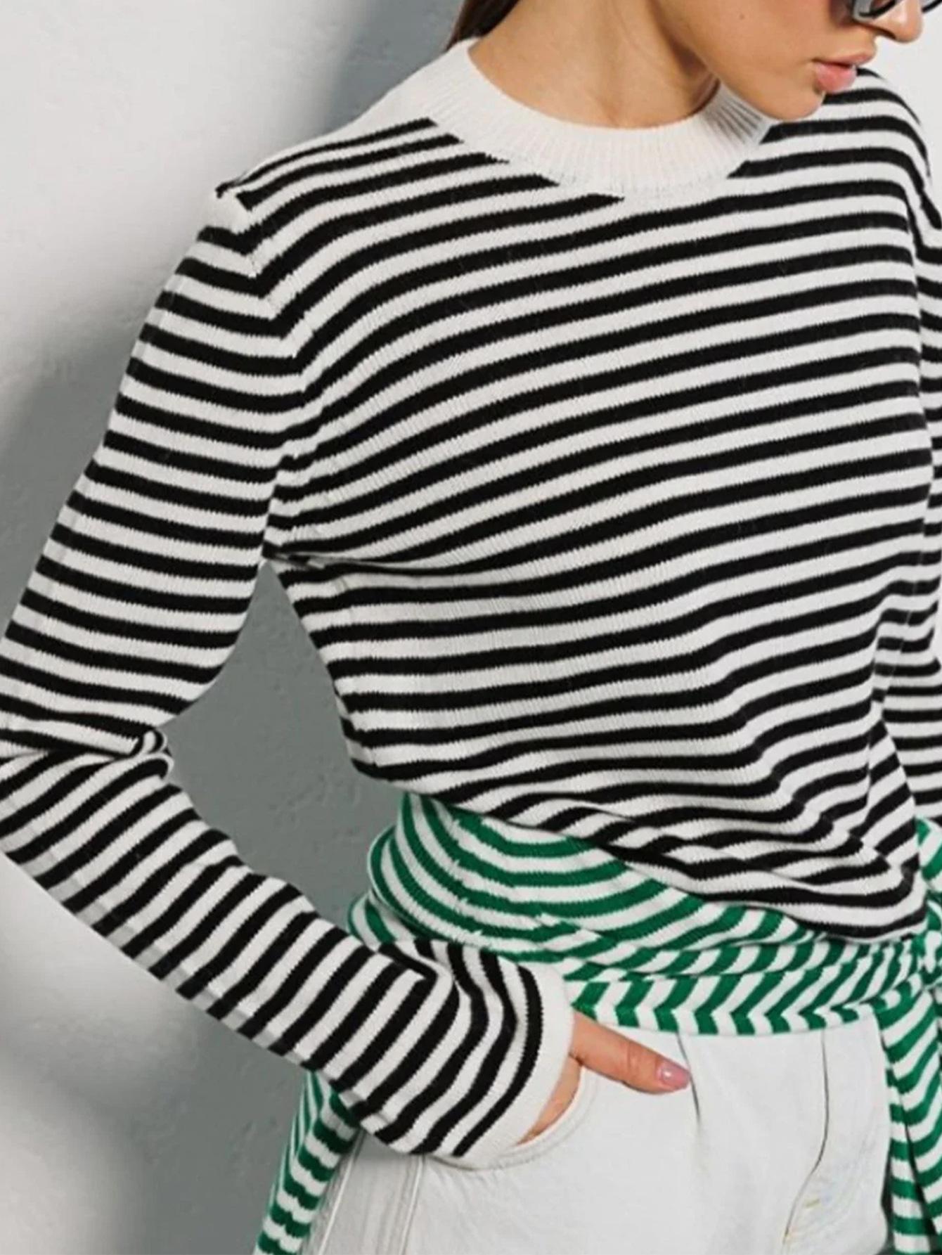 Crew neck striped sweater cross-border 2024 early autumn new INS classic trend versatile commuter contrasting striped sweater S чёрный