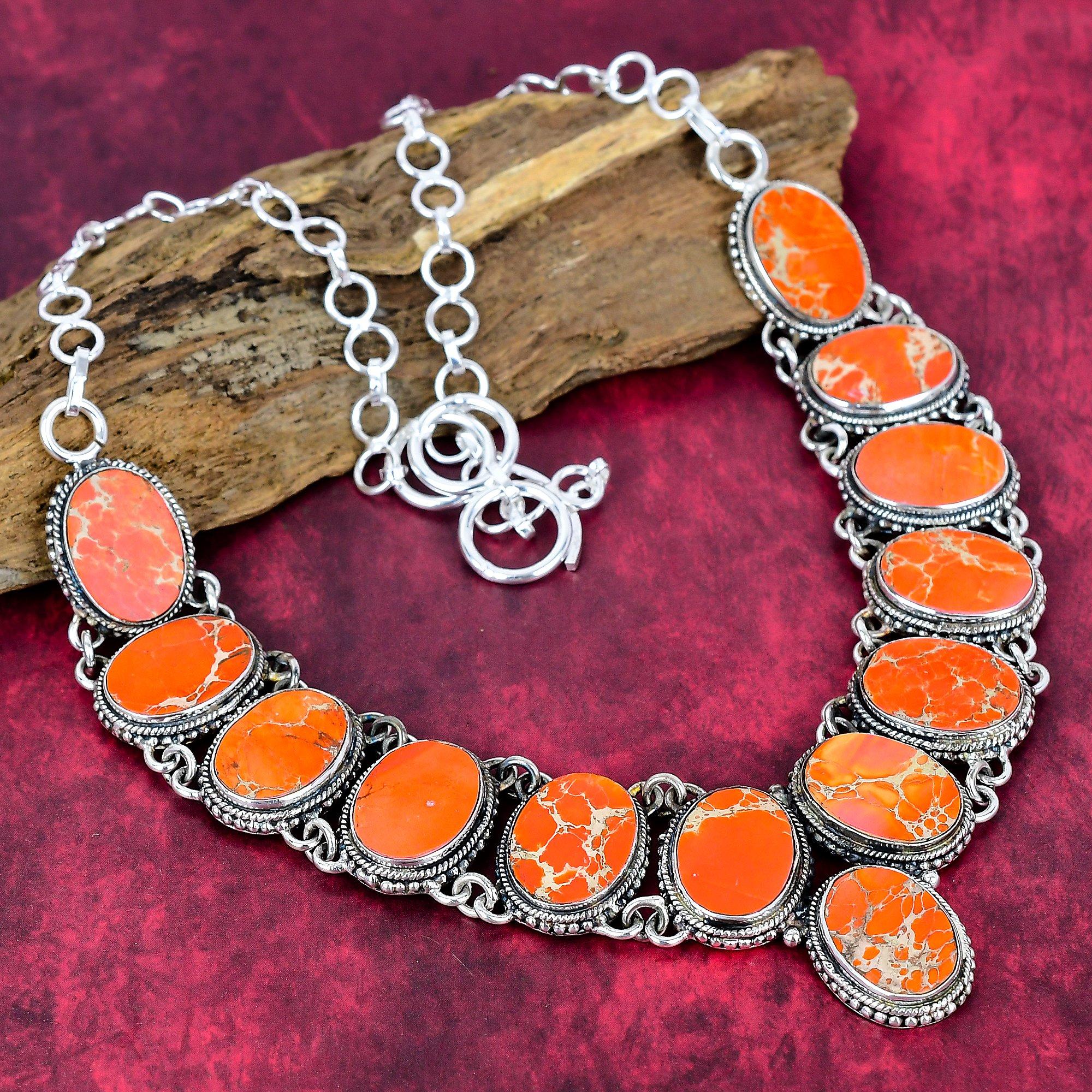 

Ожерелье из чистого серебра 925 пробы Orange Sea Sediment с регулируемой цепочкой, ювелирное ожерелье ручной работы с драгоценными камнями на День памяти