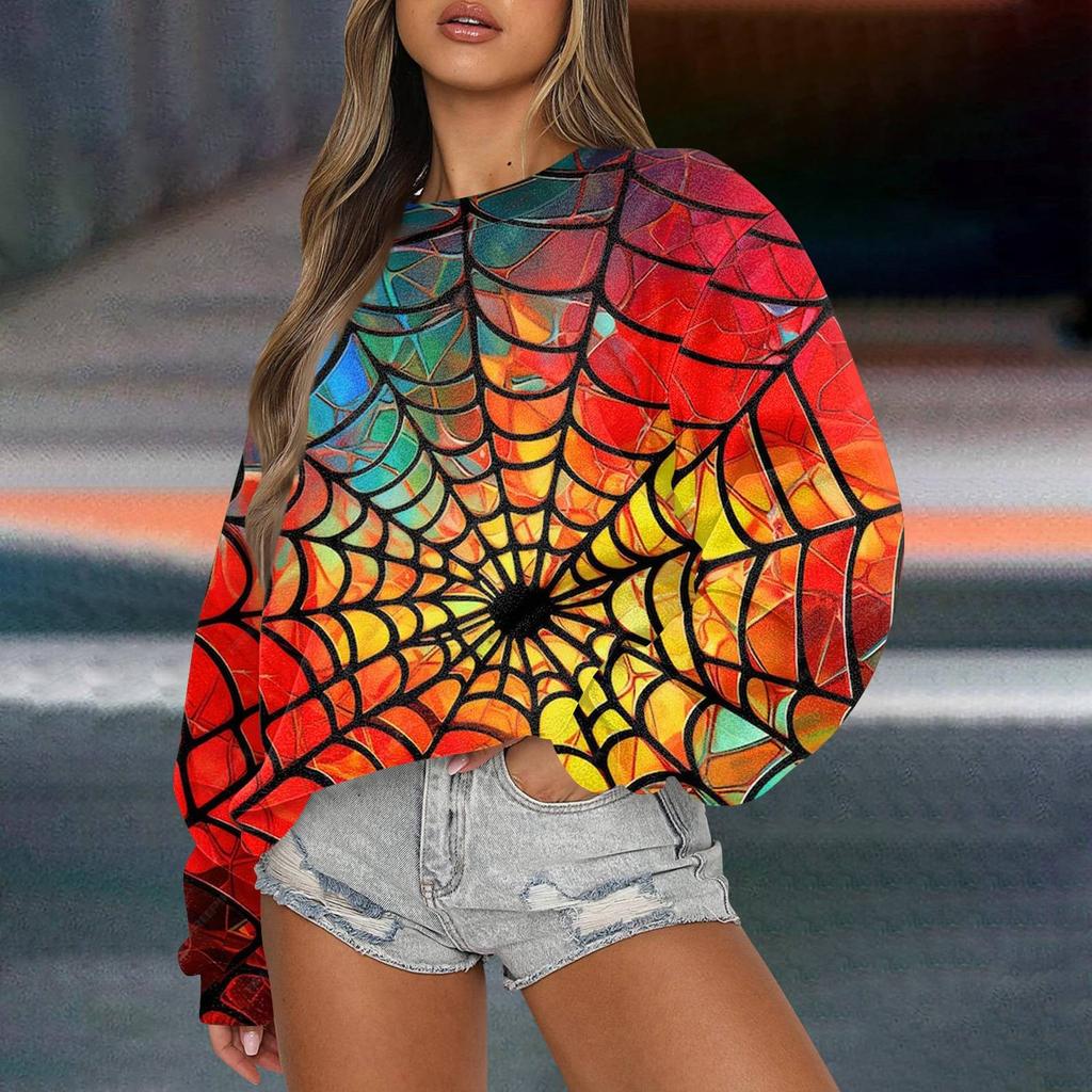 Women's Casual Fashion Printed Long Sleeved Knitted Sportswear Top, Loose Fit Halloween
