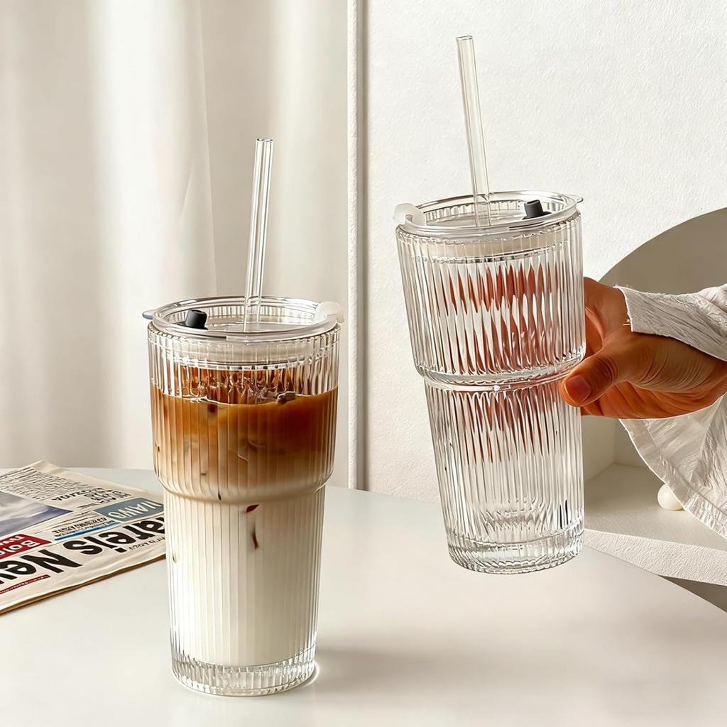 Opakovaně použitelný žebrovaný skleněný pohár - 450ml hrnek na ledovou kávu s víčkem a brčkem, Vintage pruhovaný design pro smoothies a boba