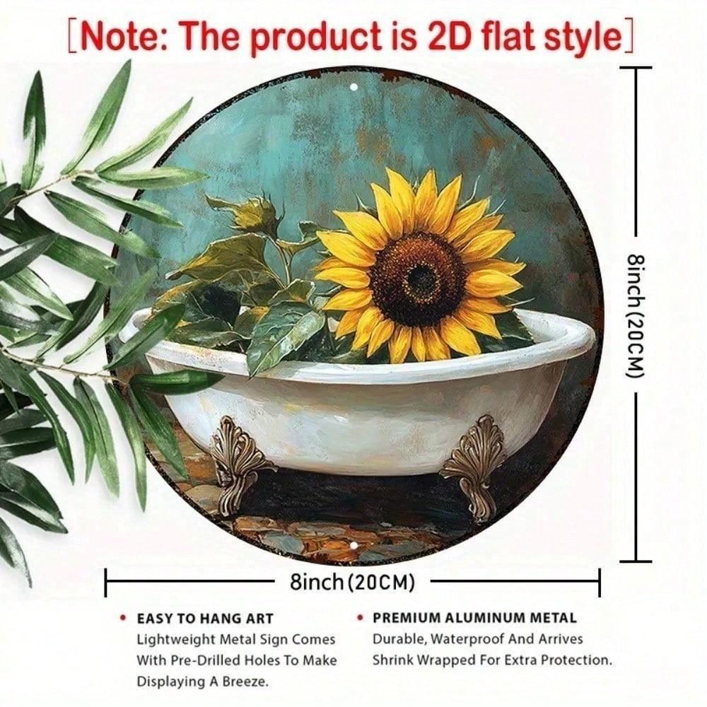 Vintage Sunflower Metal Wall Sign Round Aluminum Decor for Bathroom Garden Kitchen Farmhouse