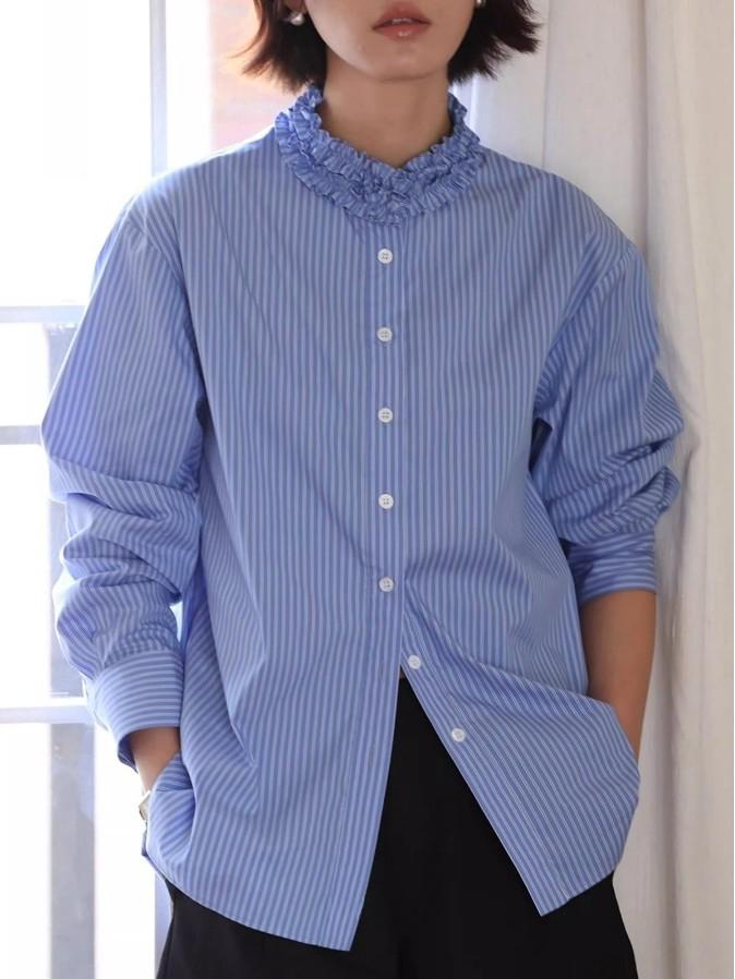 2025 Spring/Summer French Retro Slimming Blue Striped Women s Shirt Large