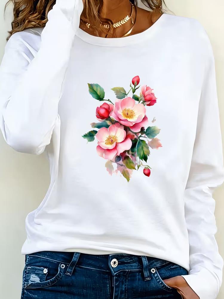 (Asian Size) Tee Lady Printed o-neck trend flower lovely Long Sleeve T Shirt Women Female Clothing Casual Fashion Top Graphic T-shirts
