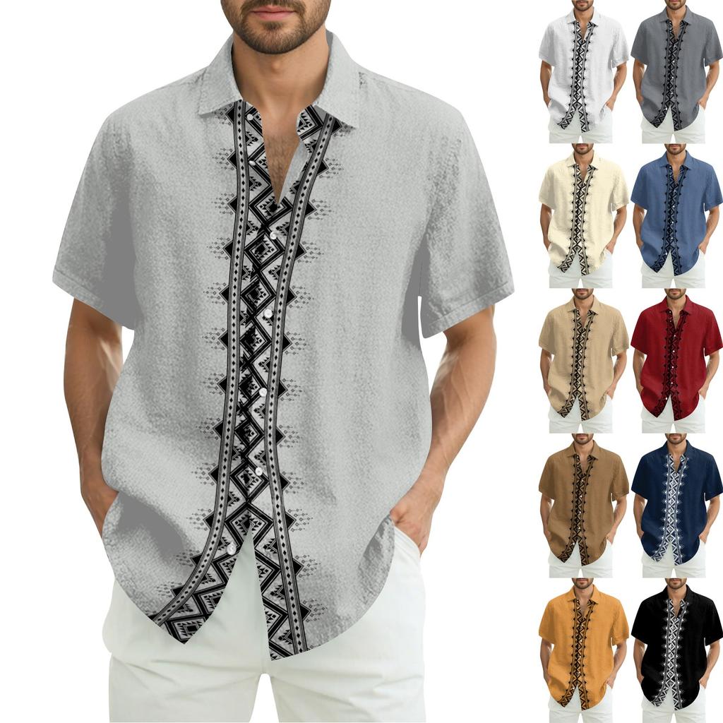 Men's Fashionable Casual Loose Striped Printed Beach Short-sleeved Shirt