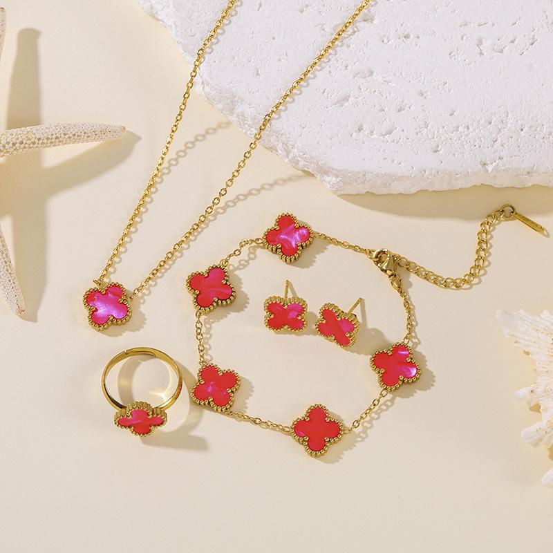 

Cross Style 13MM Double-Sided Mother-of-Pearl Four-Leaf Clover Jewelry Set: Bracelet, Earrings, Ring