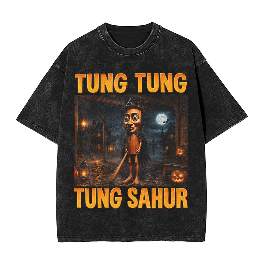 Mens T Shirt Tung Tung Tung Sahur Funny Italian Brainrot Halloween Meme Washed T-Shirts Harajuku Summer Tees Print Cotton Tops