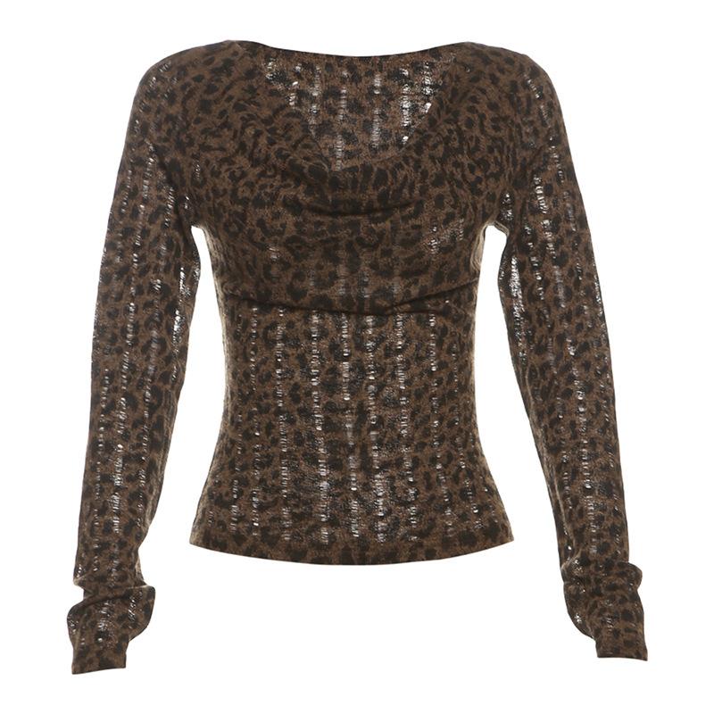 

European and American style autumn new women s clothing fashionable retro spice girl swinging collar hole printing slim bottom top S цветной печати леопарда