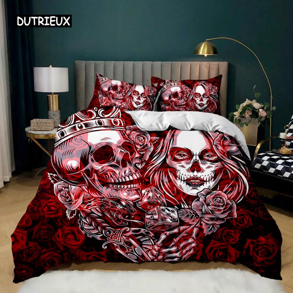 Skull Duvet Cover Set Rose Twin Skeleton Kiss Comforter Cover Teens Gothic Skeleton Double Queen King Size Polyester Qulit Cover